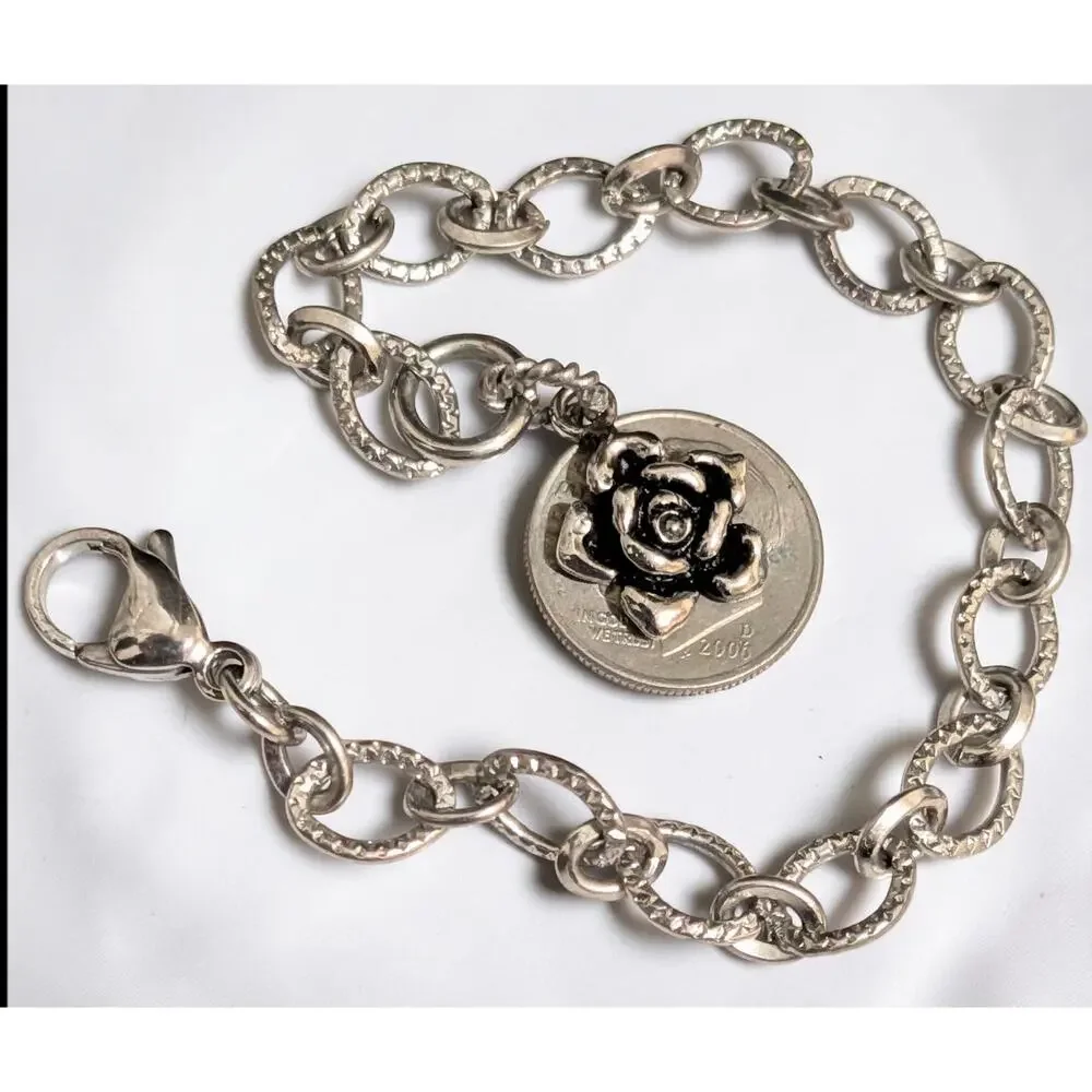 ED HARDY Rose Charm Bracelet on Stainless Steel O Link Chain